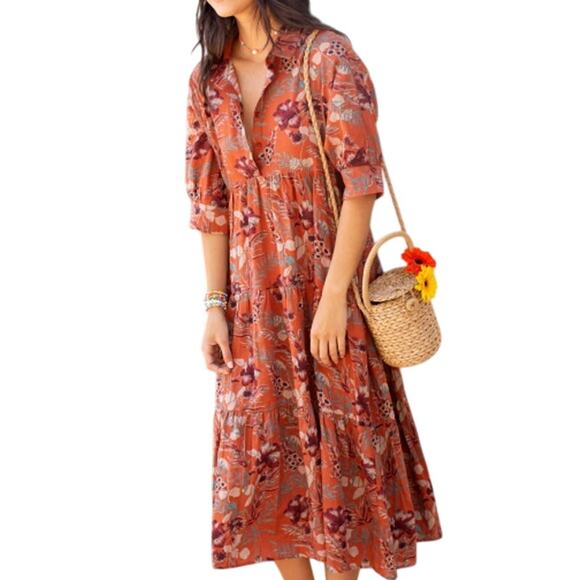 Natural Life 1X Womens Rebecca Midi Dress Orange Tropical Floral Tiered Pockets - Picture 1 of 8